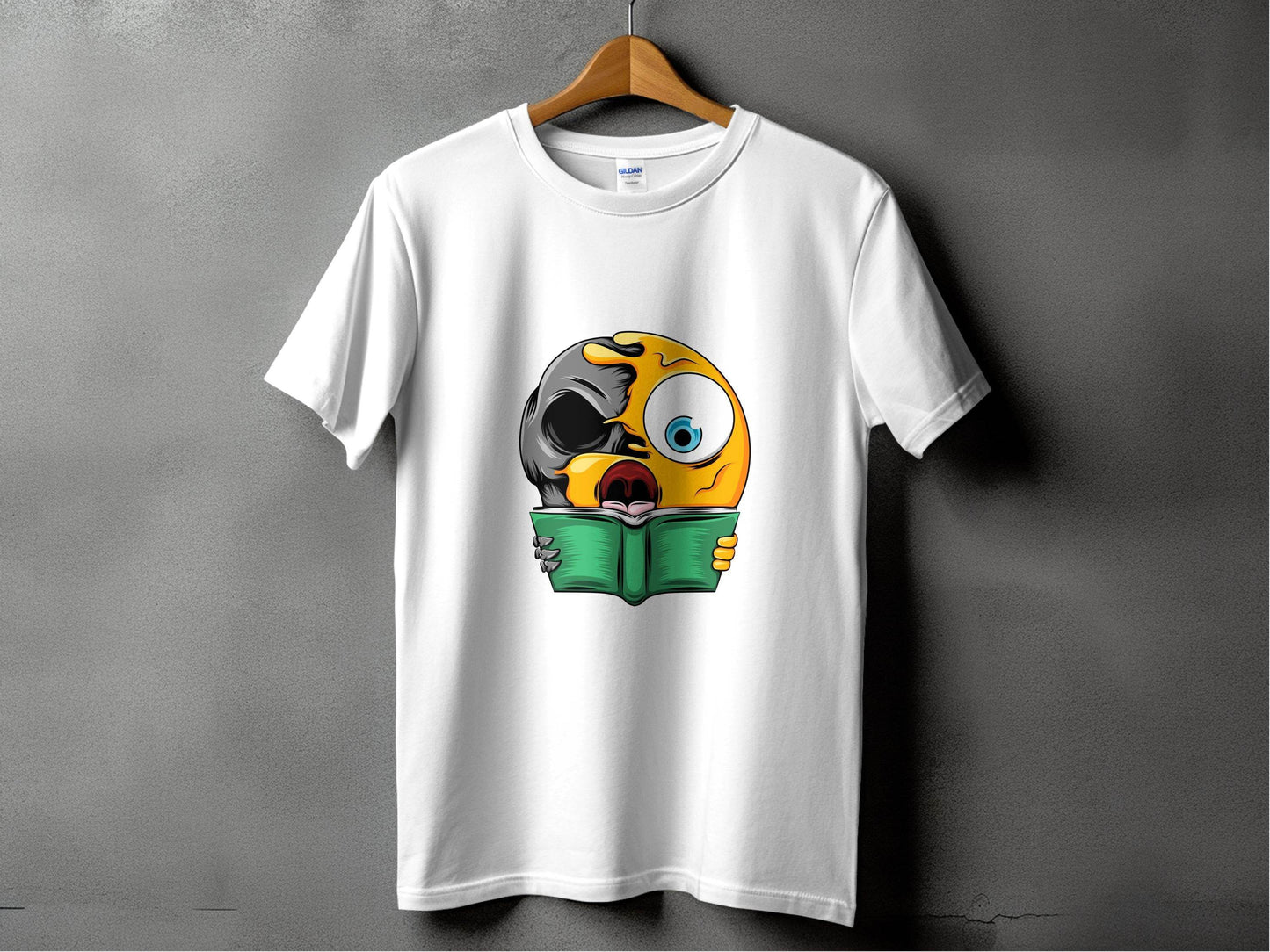 Half Emoji Half Skull Reading Book Funny Design T-Shirt - Design & Vybe