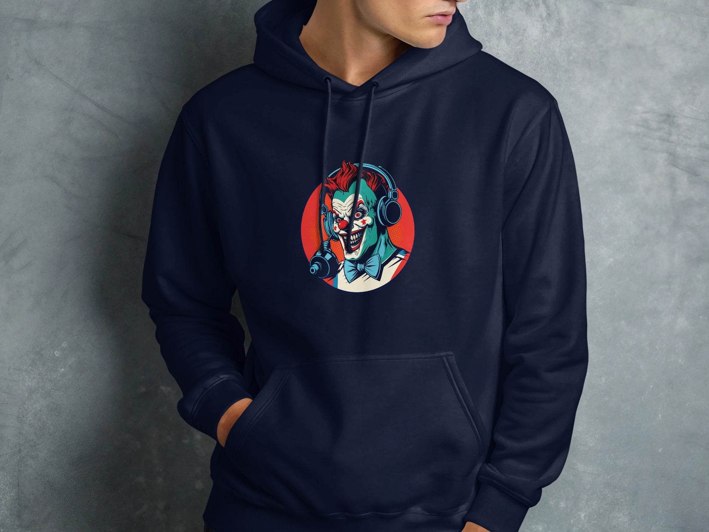 Evil Clown with Headphones Graphic Design Funny Hoodie - Design & Vybe