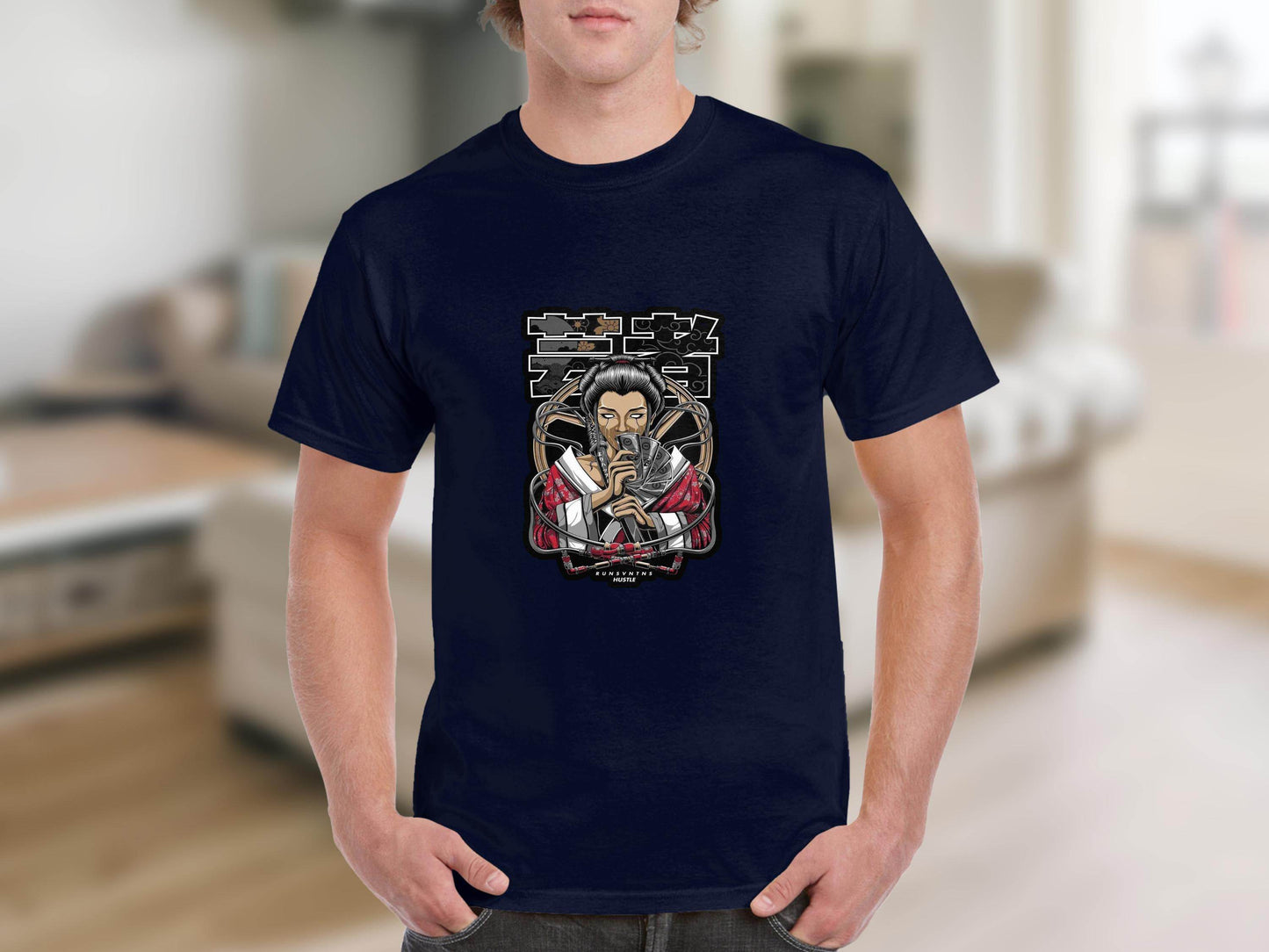 Japanese Geisha with Money Runs Vntns Hustle Print T-Shirt - Design & Vybe