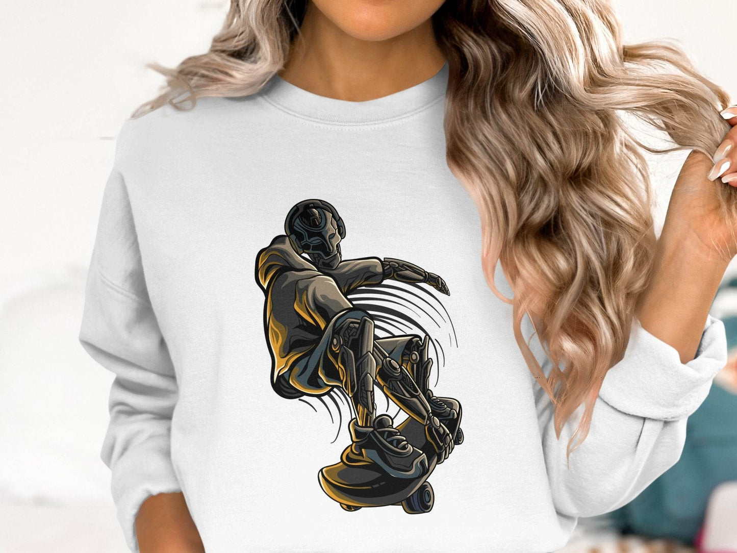 Futuristic Robot Skateboarding Graphic on Trendy Sweater - Design & Vybe