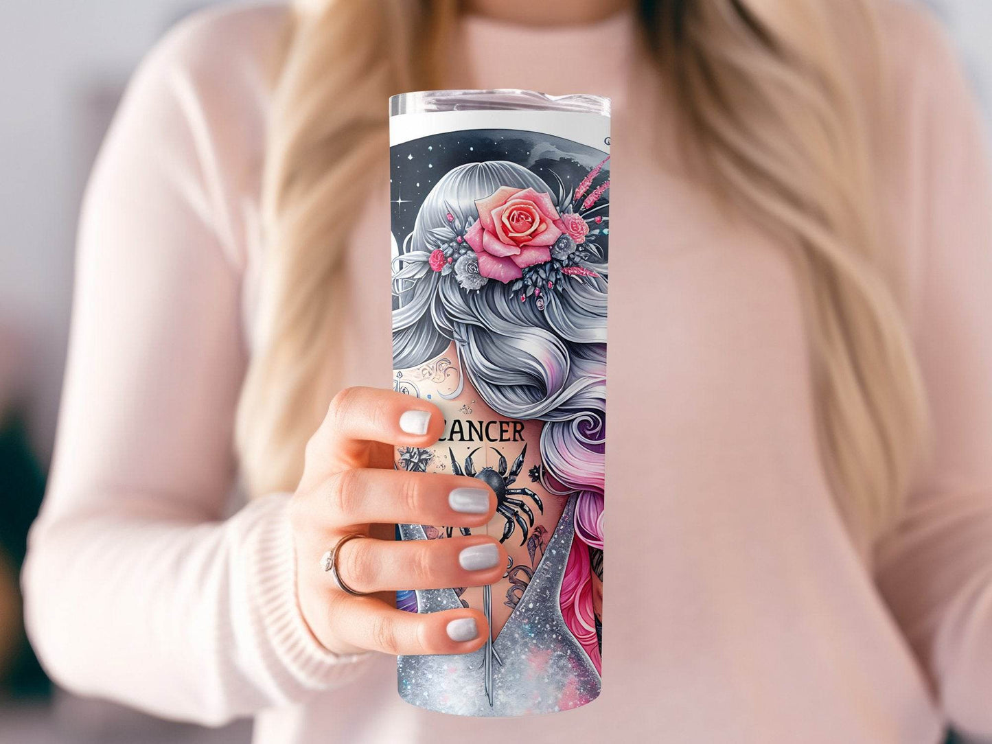 Girl with Cancer Zodiac Sign Tattoo and Moon Background Design Tumbler - Design & Vybe