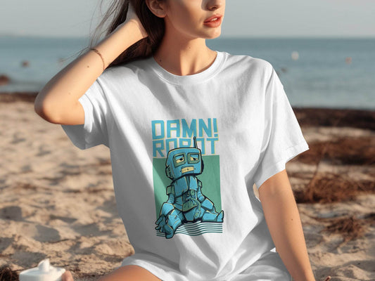 DAMN! Sad Robot Art With Greenish Backdrop Design T-Shirt - Design & Vybe