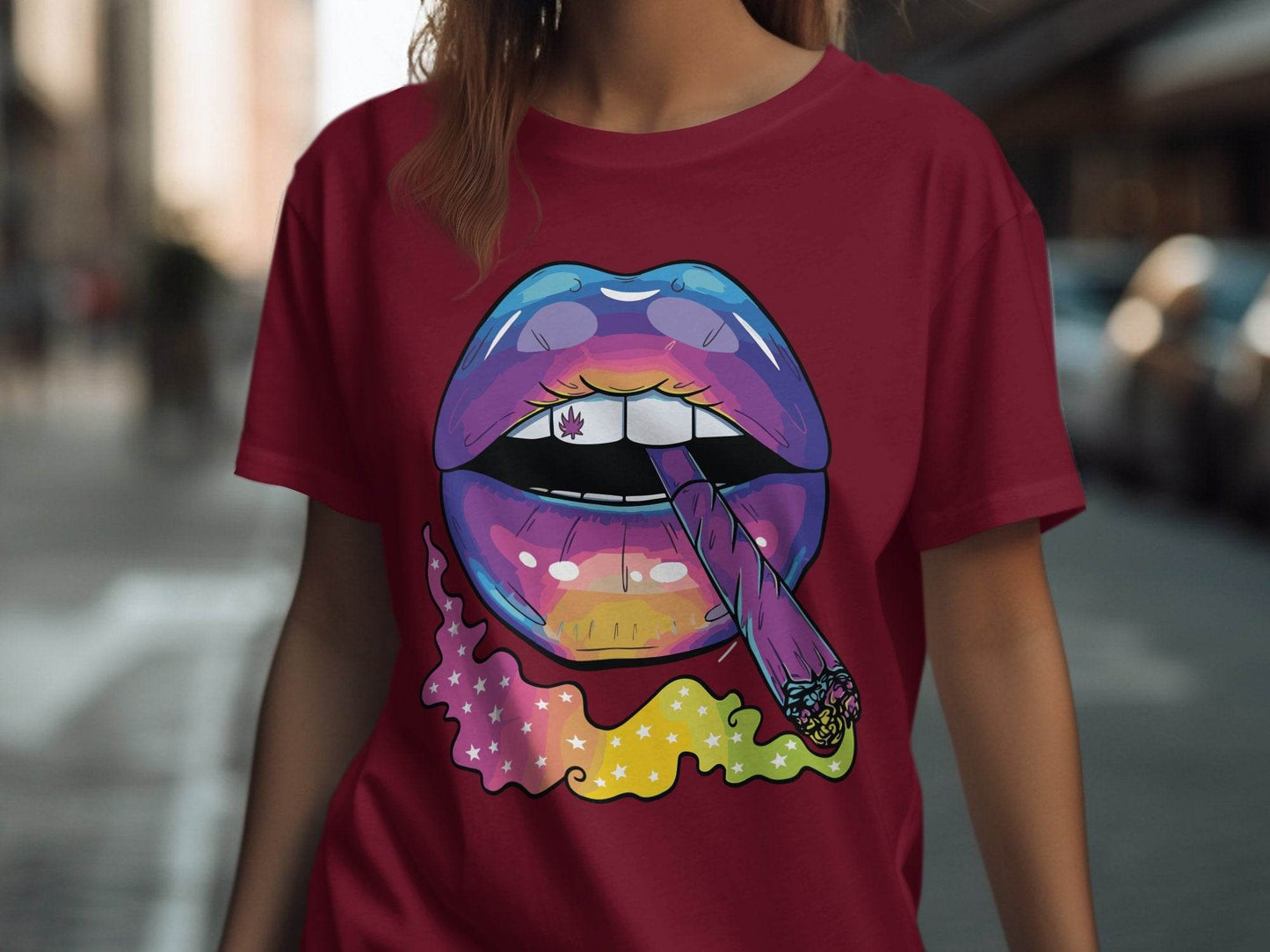 Colorful Lips Smoking Weed Design T-Shirt - Design & Vybe