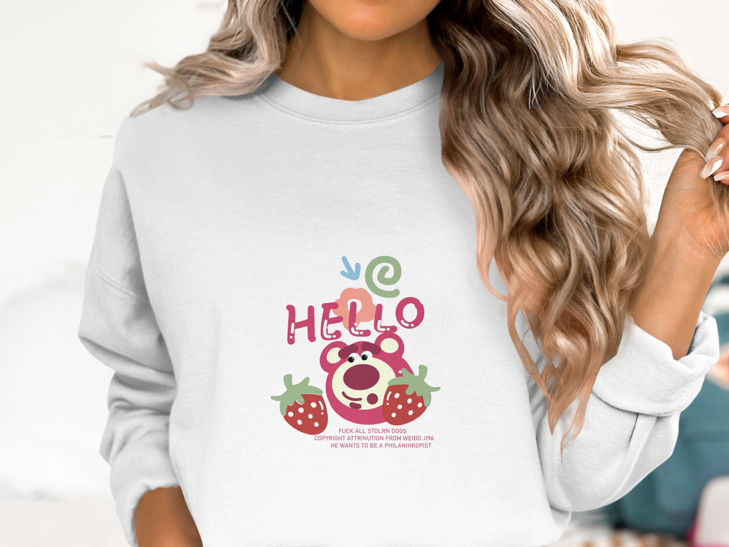 Cute Bear Strawberry Graphic White Casual Sweatshirt product