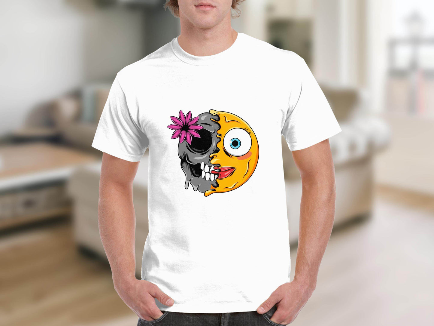 Half Skull and Happy Face Smiley Design T-Shirt - Design & Vybe