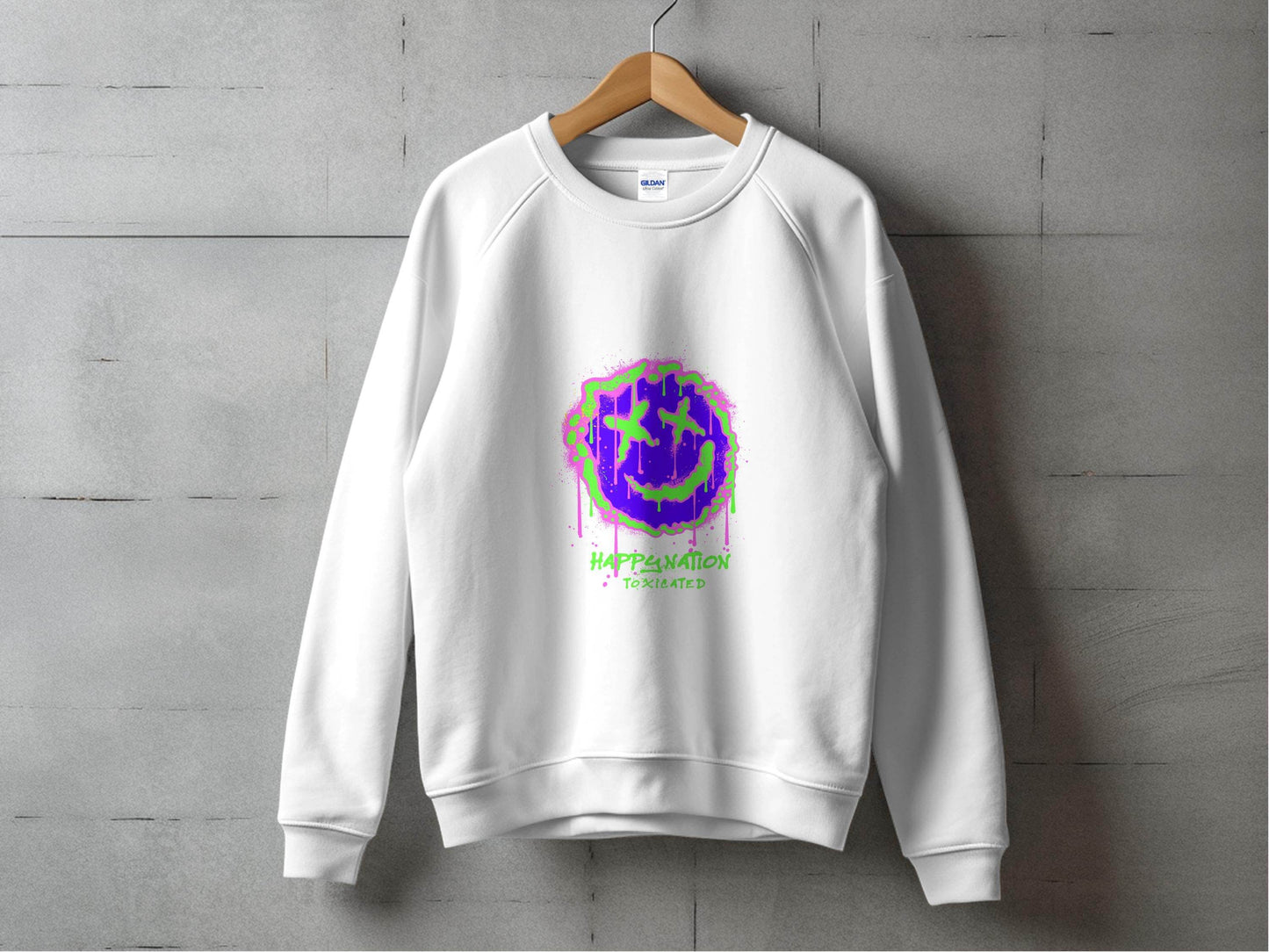 Happy Nation Toxiclated Smiley Face Graphic Design Sweater - Design & Vybe