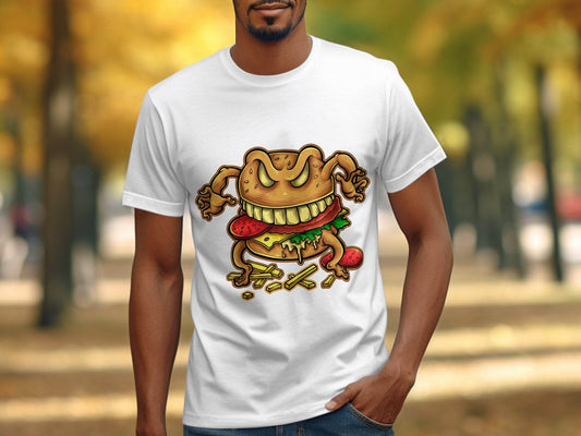 Quirky Cartoon Monster Cheeseburger Graphic T-Shirt - Design & Vybe