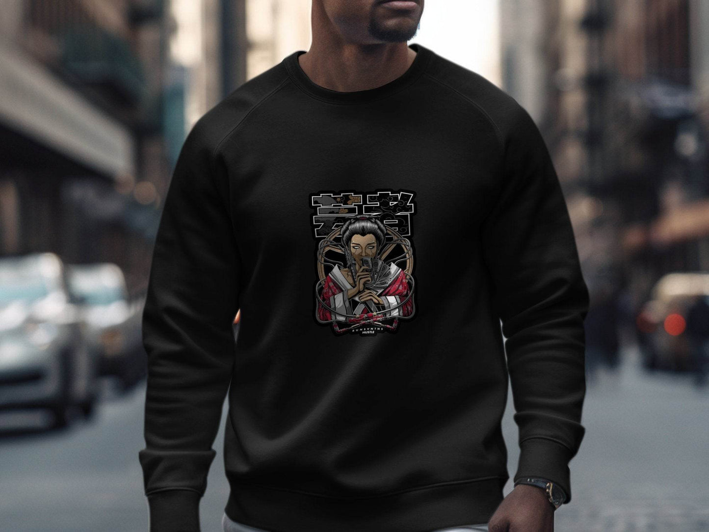 Japanese Geisha with Money Runs Vntns Hustle Print Sweater - Design & Vybe