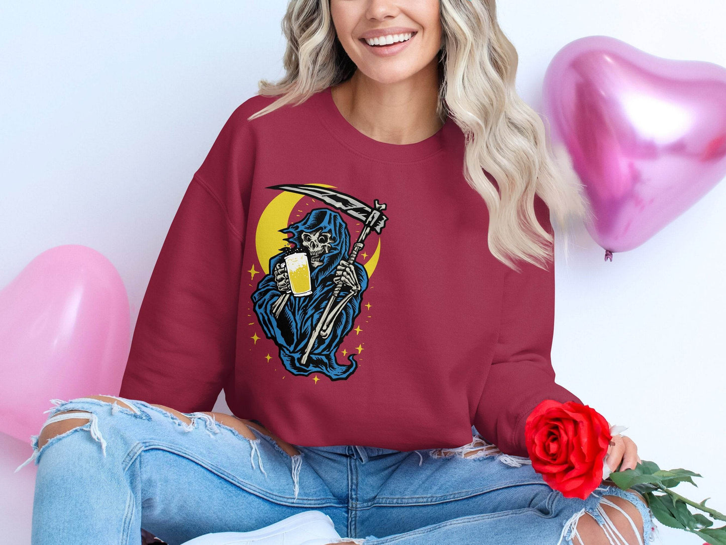 Grim Reaper Holding Beer Glass With Crescent Moon Sweater - Design & Vybe