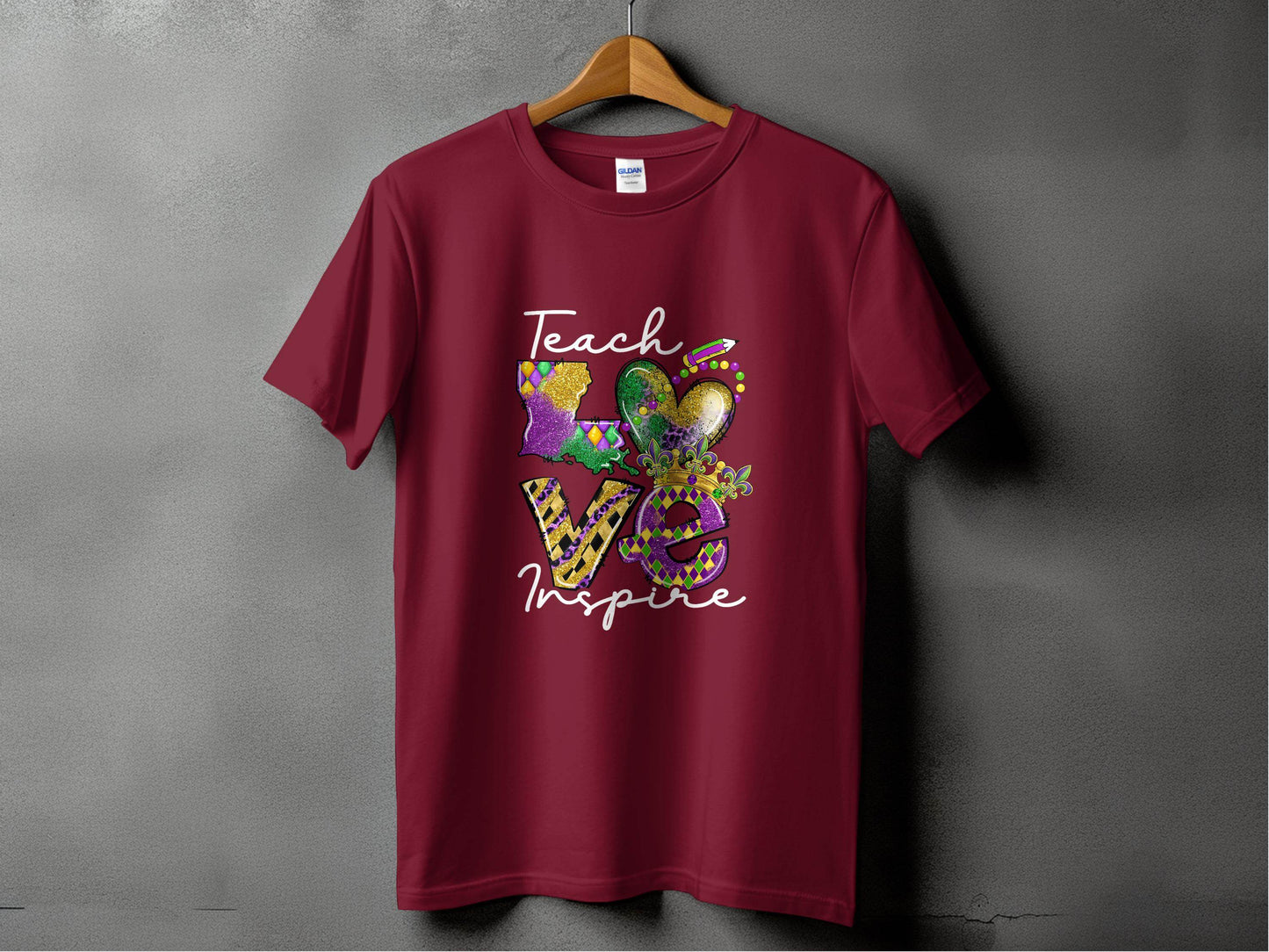Teach Love Inspire Louisiana Heart Crown Mardi Gras T-Shirt - Design & Vybe