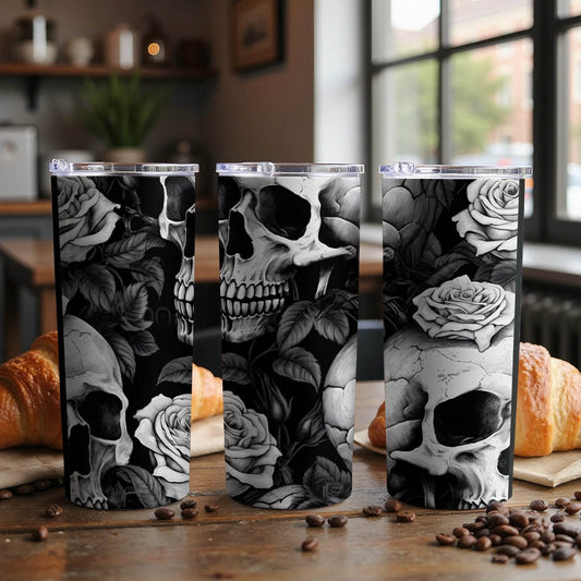 Skull And Roses Elegant Dark Floral Pattern Design Tumbler - Design & Vybe