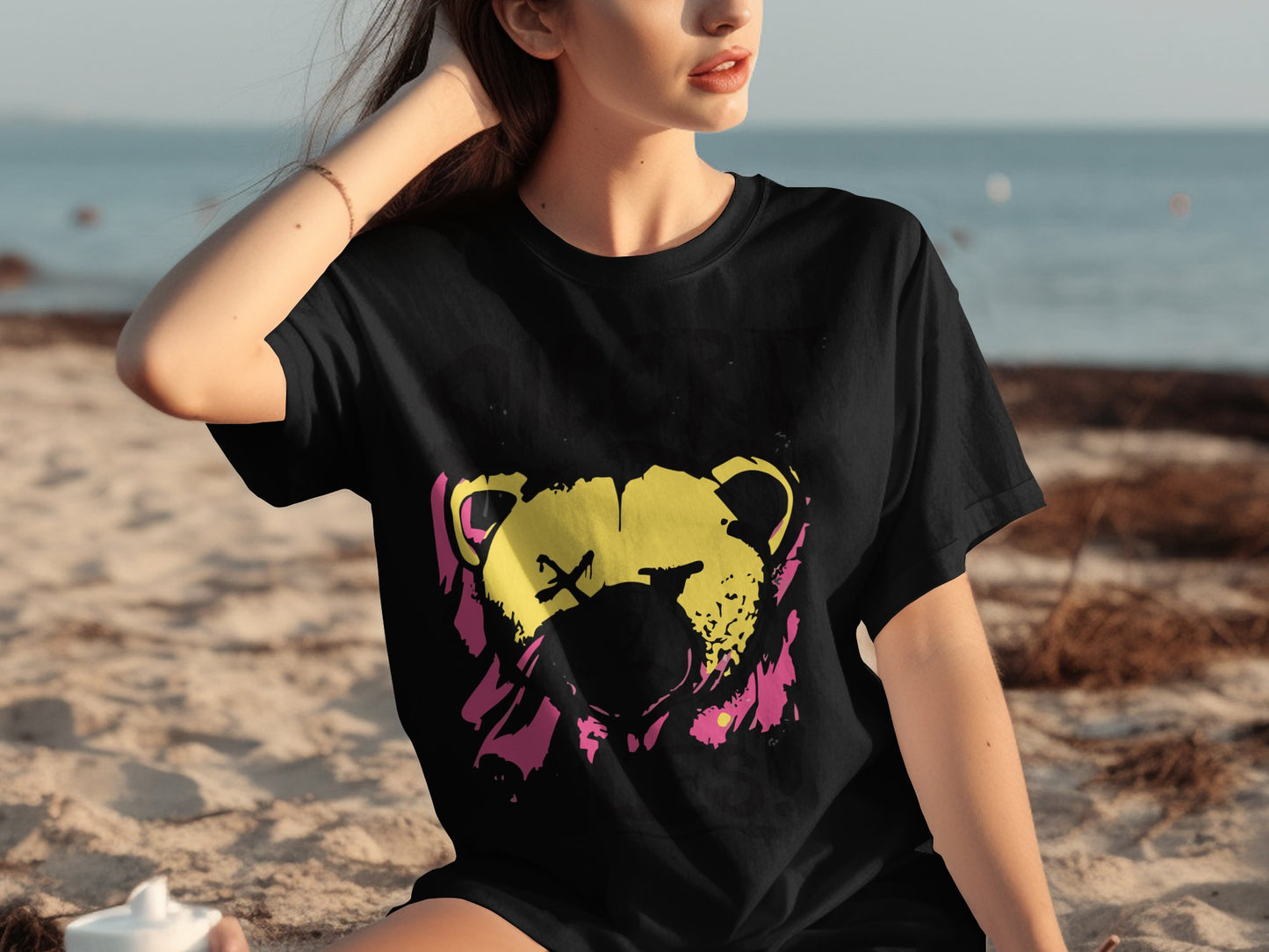Vibrant Artistic Bear Graphic Black T-Shirt product