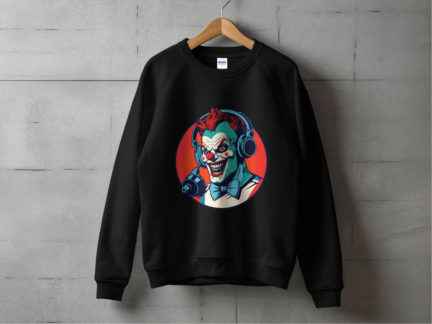 Evil Clown with Headphones Graphic Design Funny Sweater - Design & Vybe