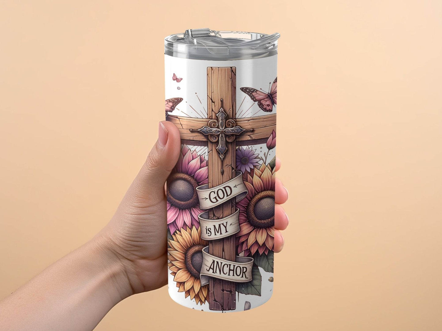 God Is My Anchor Cross with Flowers and Butterflies Tumbler - Design & Vybe