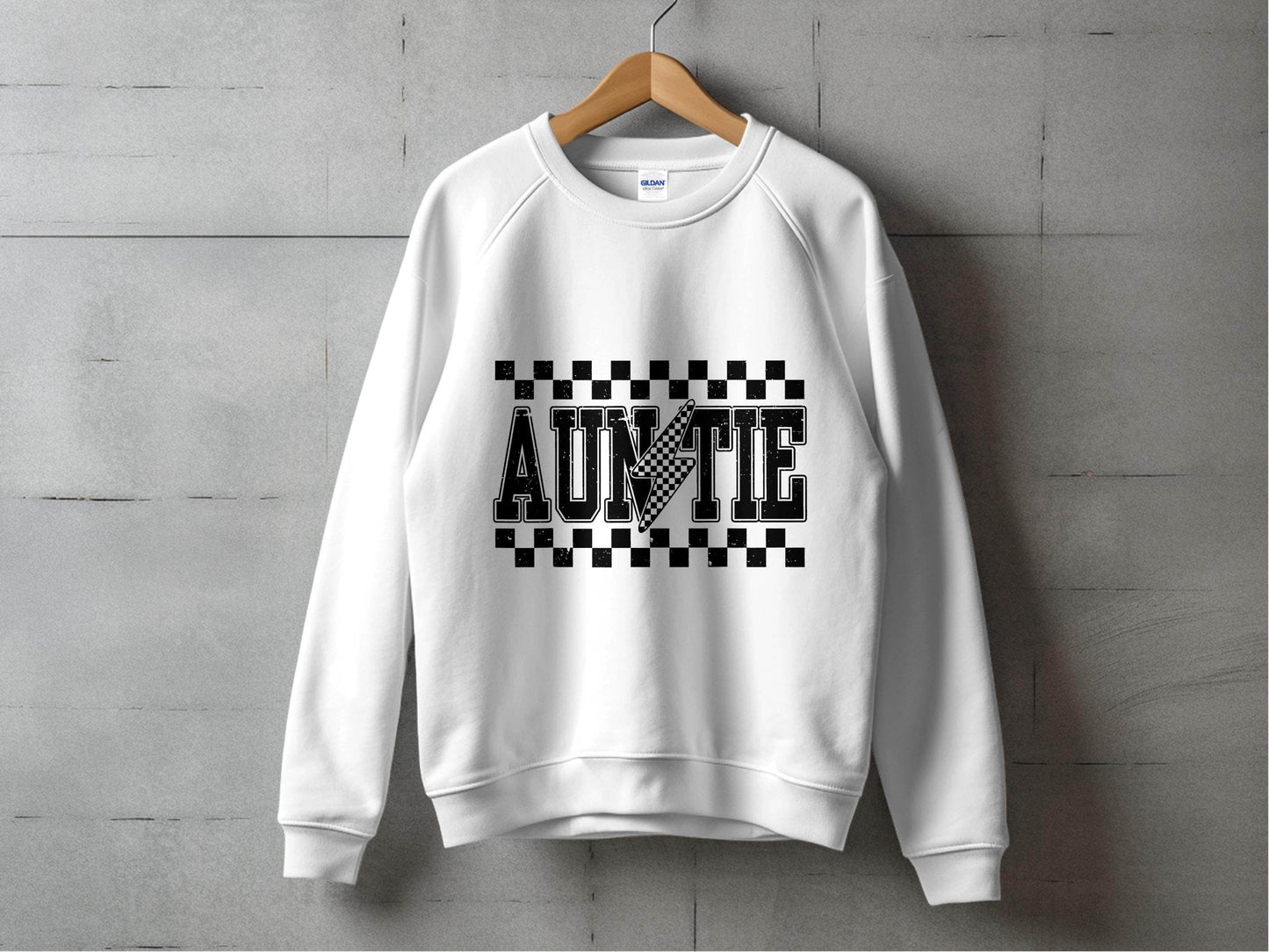 Auntie with Checkered Lightning Bolt Graphic Sweater - Design & Vybe