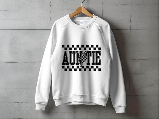 Auntie with Checkered Lightning Bolt Graphic Sweater - Design & Vybe