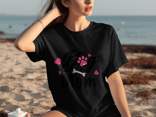 Dog Mom with Hearts and Bone Design Graphic Print T-Shirt - Design & Vybe