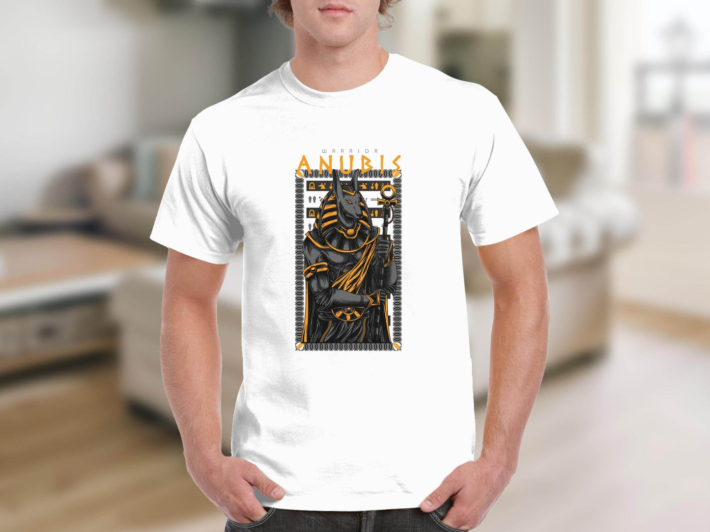 Anubis Warrior with Hieroglyphs Illustration Graphic T-Shirt - Design & Vybe