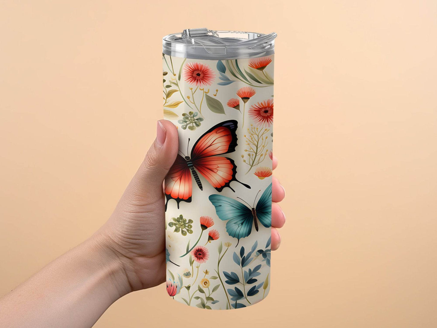 Butterflies Among Flowers Vibrant Floral Design Cute Tumbler - Design & Vybe