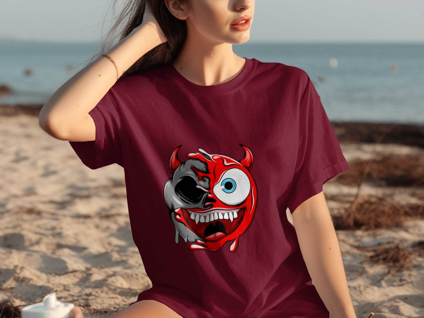 Half Skull Half Devil Smiling Face Design Art T-Shirt - Design & Vybe