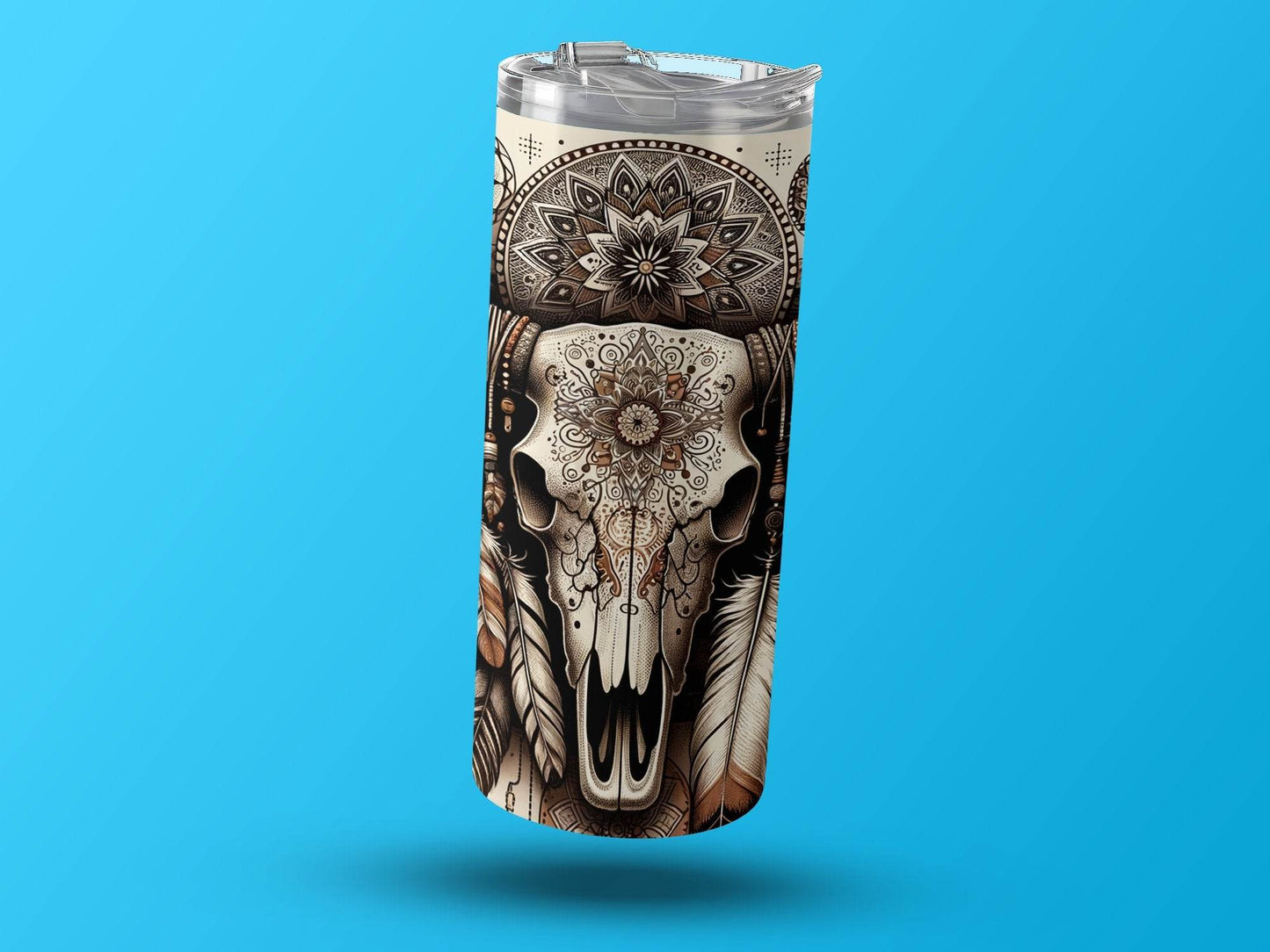 Cow Skull Feathers Mandala Details Boho Style Art Tumbler - Design & Vybe