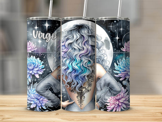 Virgo Zodiac Sign Woman Floral Back Tattoo Celestial Night Design Tumbler - Design & Vybe