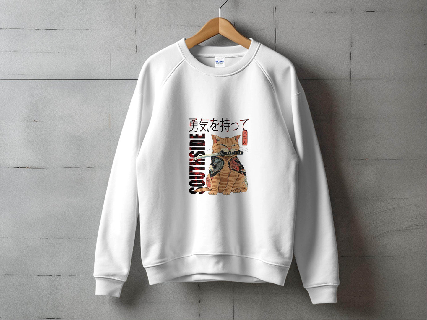 Tattooed Cat with Sword and Japanese Southside Text Design Sweater - Design & Vybe