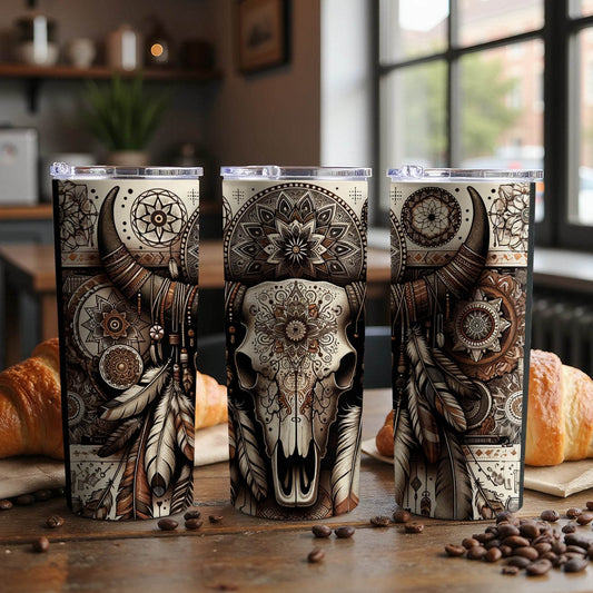 Cow Skull Feathers Mandala Details Boho Style Art Tumbler - Design & Vybe