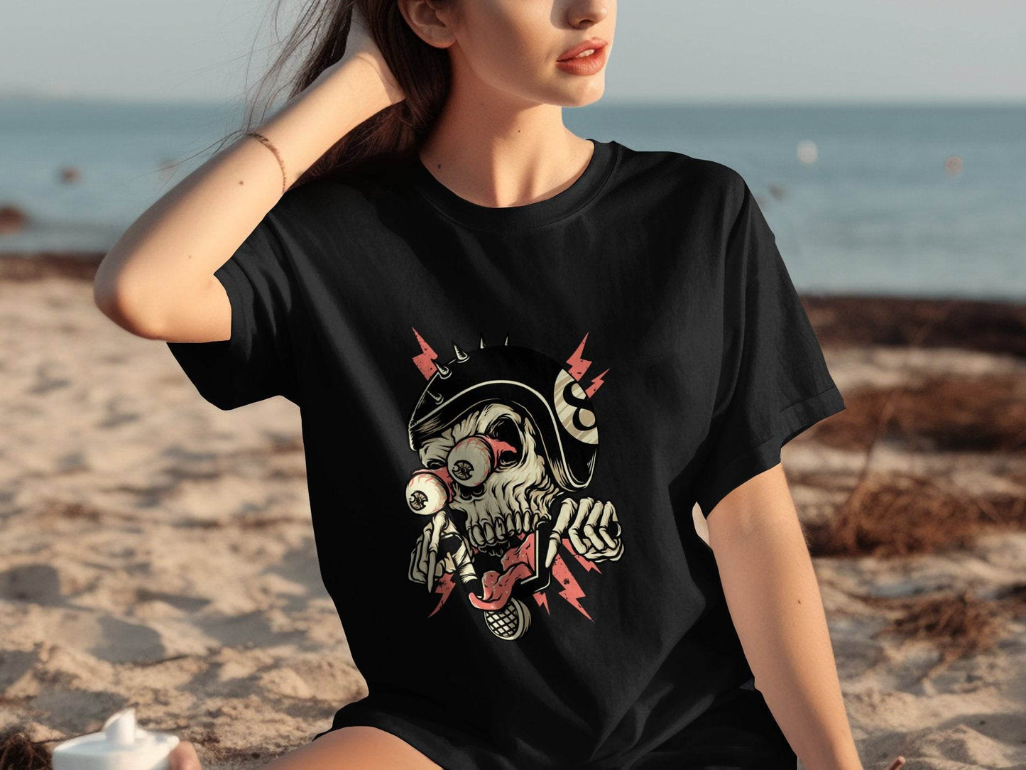 Eight Ball Spiked Helmet Skeleton Ride On T-Shirt - Design & Vybe