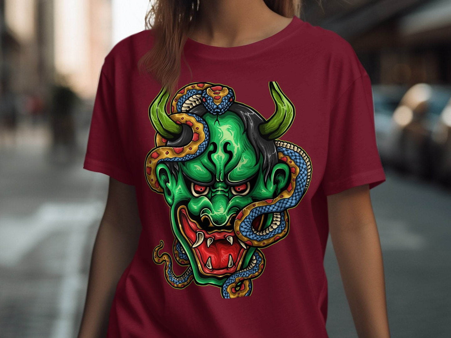 Bizarre Demon Face with Snake Design Horror T-Shirt - Design & Vybe