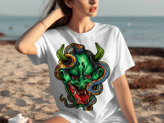 Bizarre Demon Face with Snake Design Horror T-Shirt - Design & Vybe