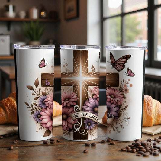 Religious Cross Butterflies Be the Light Design Tumbler - Design & Vybe