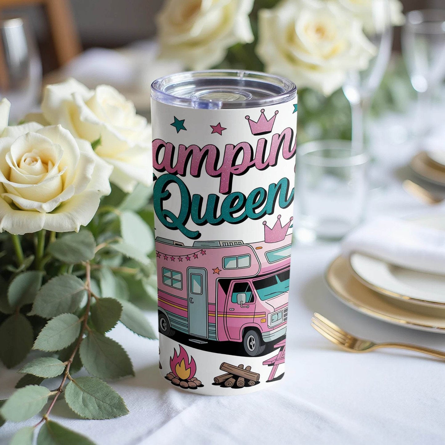 Camping Queen with RV Pink Camper Fun Outdoors Tumbler - Design & Vybe