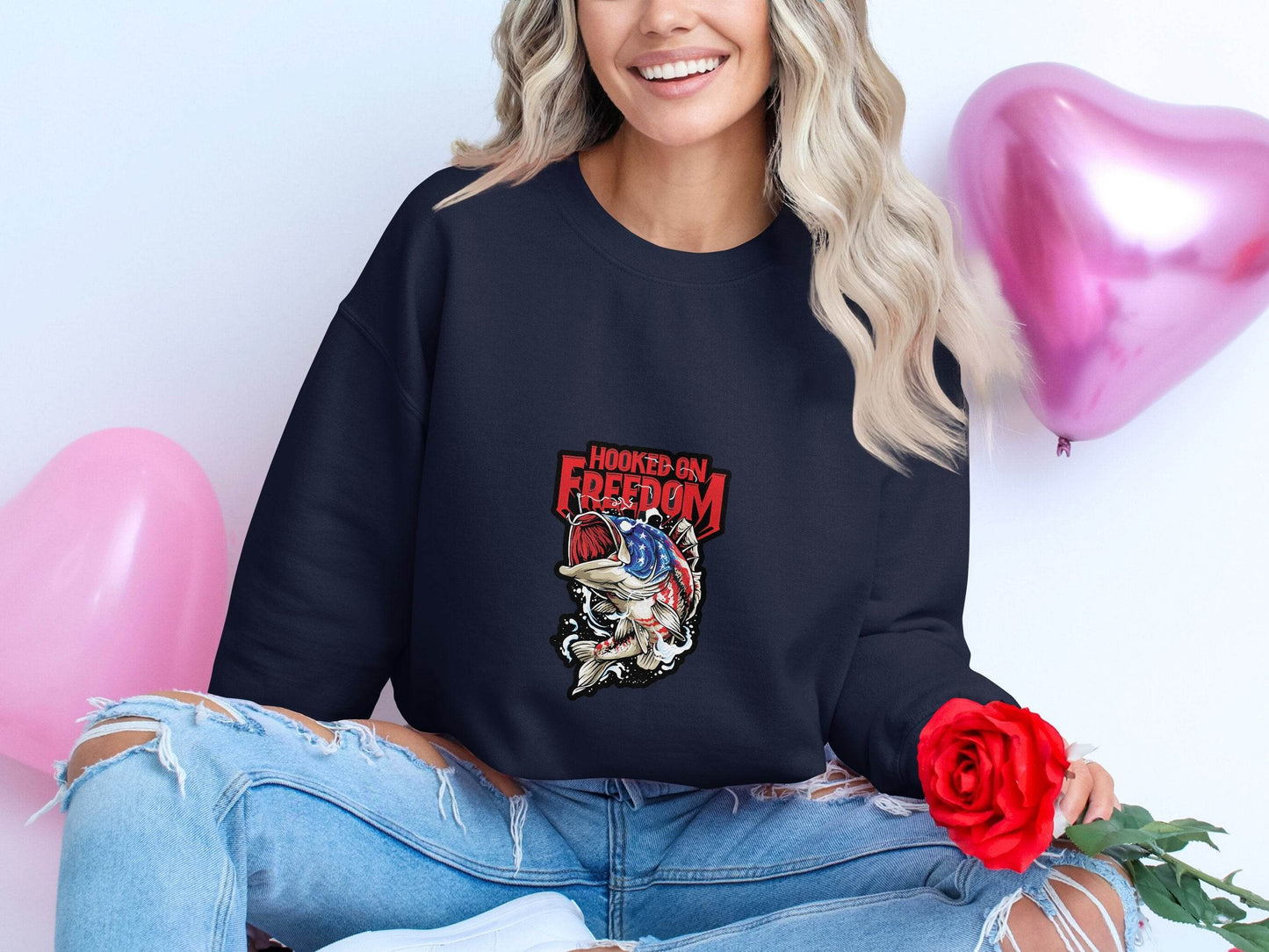 Hooked On Freedom Patriotic Fish Graphic Sweater - Design & Vybe