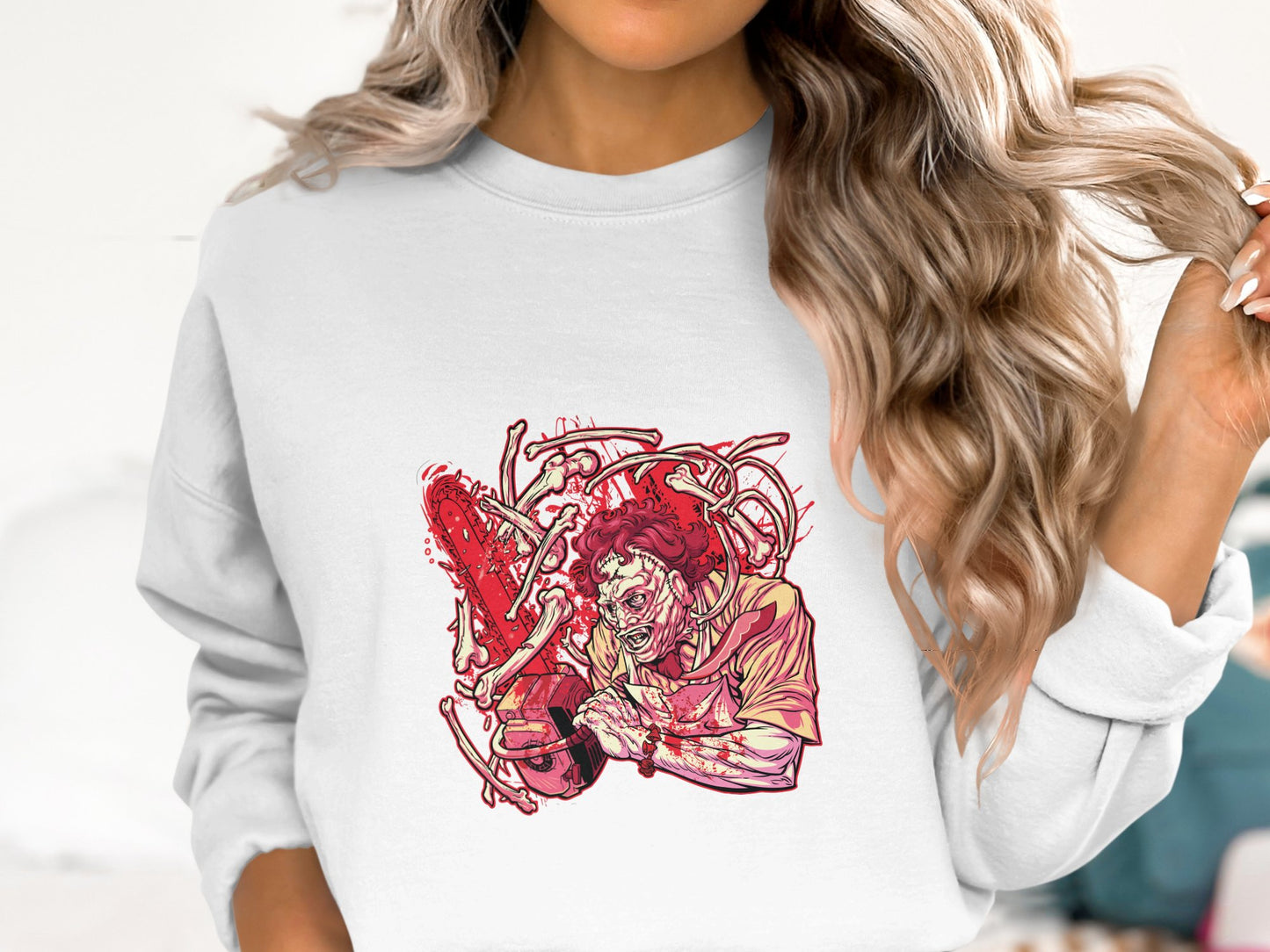 Chainsaw Wielding Horror Graphic White Sweatshirt product