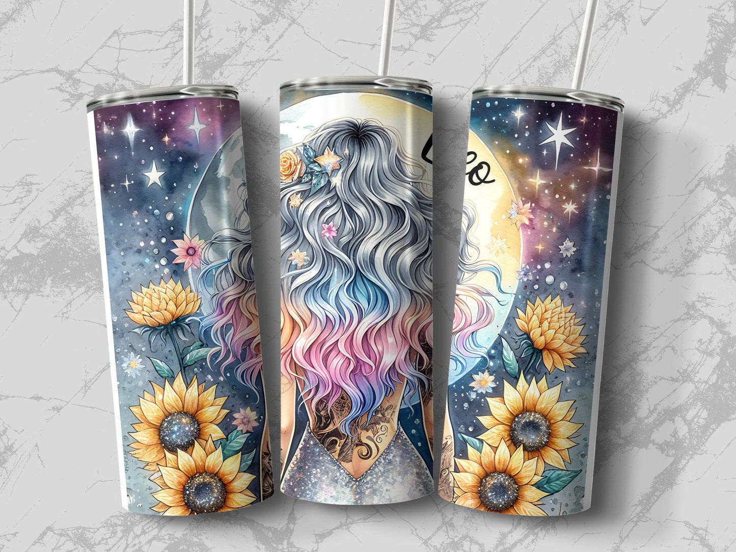 Leo Zodiac Sign Back Tattoo Girl Watercolor Flowers Sunflowers Tumbler - Design & Vybe
