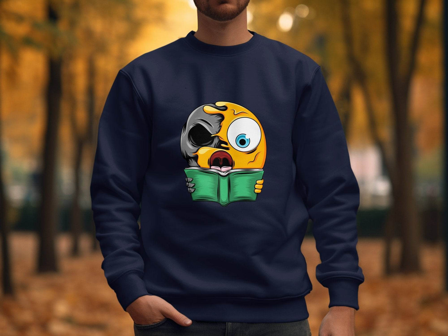 Half Emoji Half Skull Reading Book Funny Design Sweater - Design & Vybe