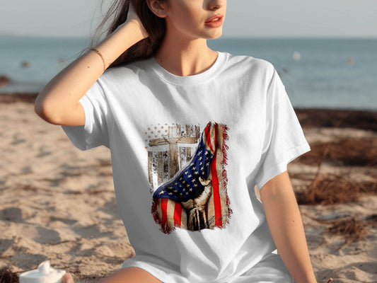 American Flag Plus Cross Held in Hand Design T-Shirt - Design & Vybe