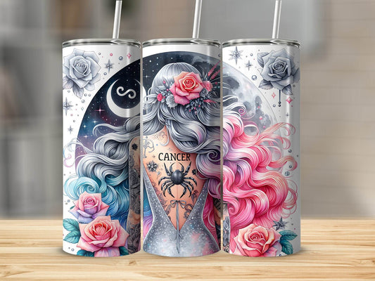 Girl with Cancer Zodiac Sign Tattoo and Moon Background Design Tumbler - Design & Vybe