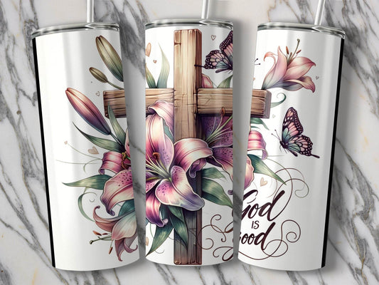 God Is Good Cross Lilies And Butterflies Elegant Art Tumbler - Design & Vybe