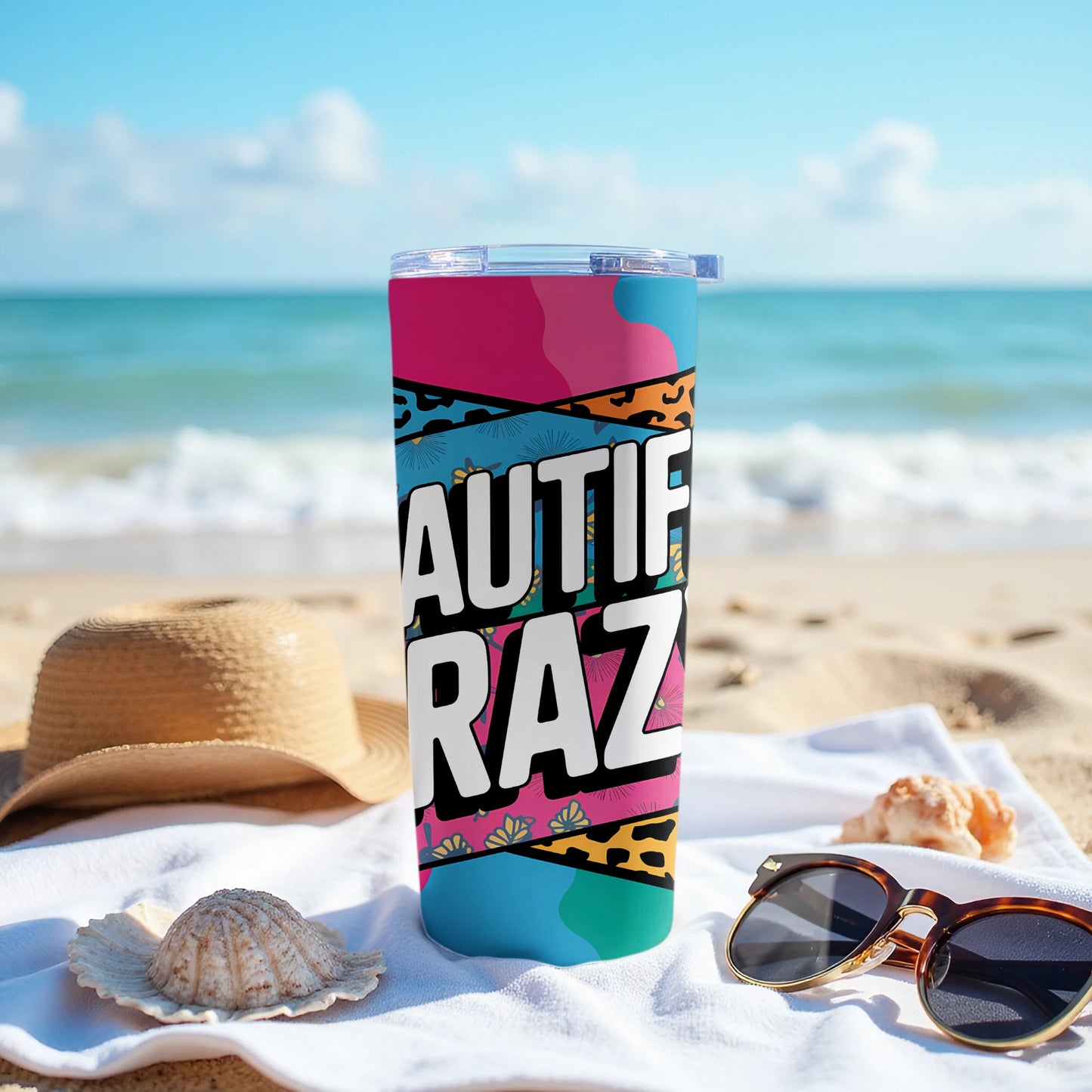 Colorful Beach Scene Tumbler with Sunglasses product type