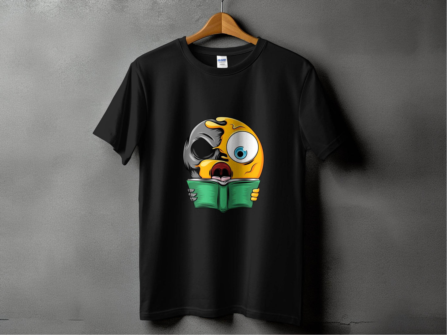 Half Emoji Half Skull Reading Book Funny Design T-Shirt - Design & Vybe
