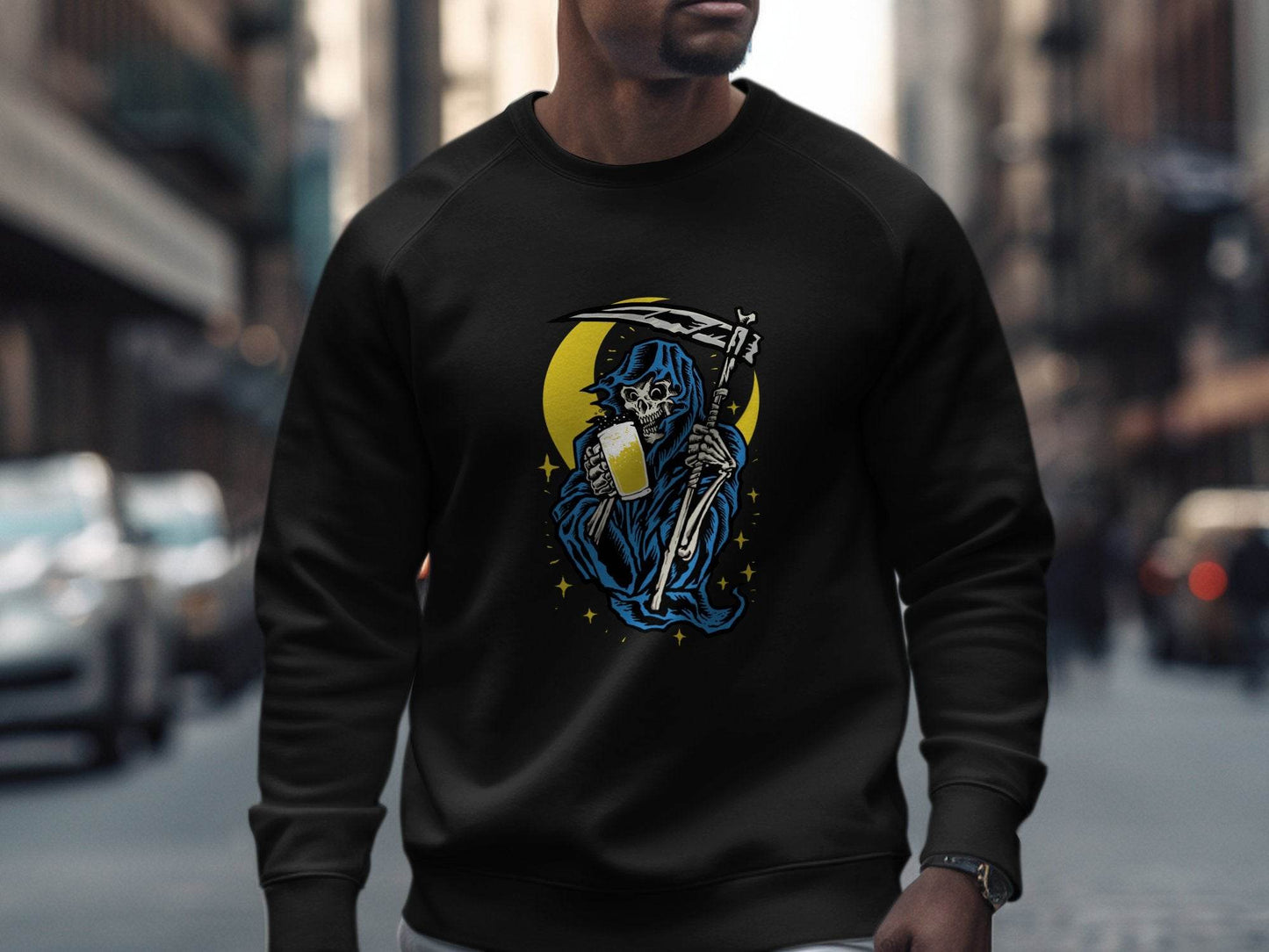 Grim Reaper Holding Beer Glass With Crescent Moon Sweater - Design & Vybe
