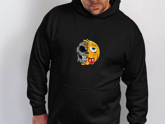 Edgy Skull and Funny Face Duality Creative Smiley Hoodie - Design & Vybe