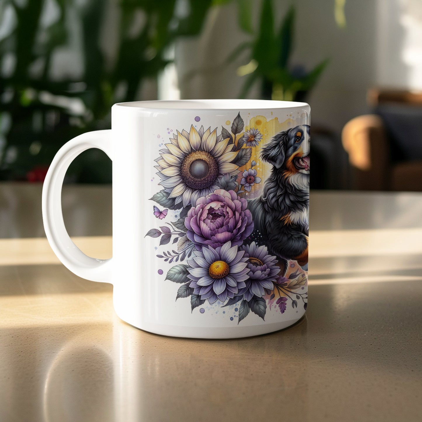 Colorful Floral and Dog Art on White Mug product