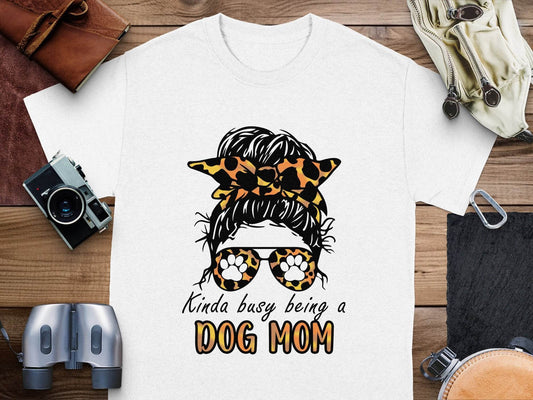 Kinda Busy Being A Dog Mom with Paw Print Glasses T-Shirt - Design & Vybe