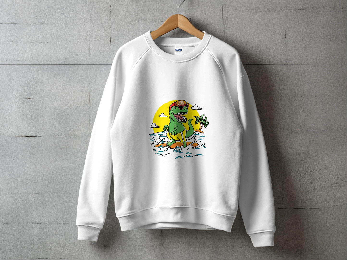 Cool Dinosaur Surfing Printed Stylish Sweater - Design & Vybe