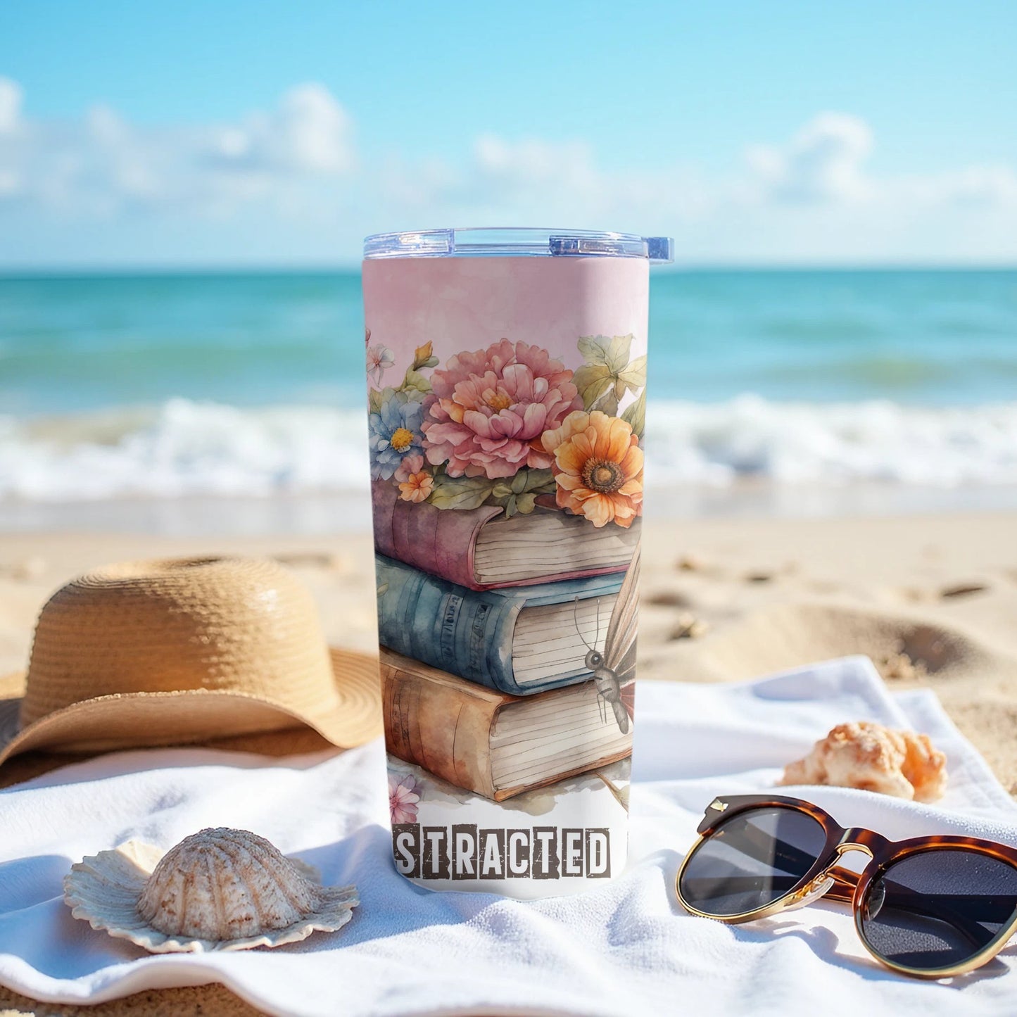 Floral Book Design Beach Scene Tumbler Product