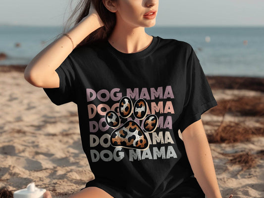 Dog Mama Paw Print Repeating Wording Design Image T-Shirt - Design & Vybe