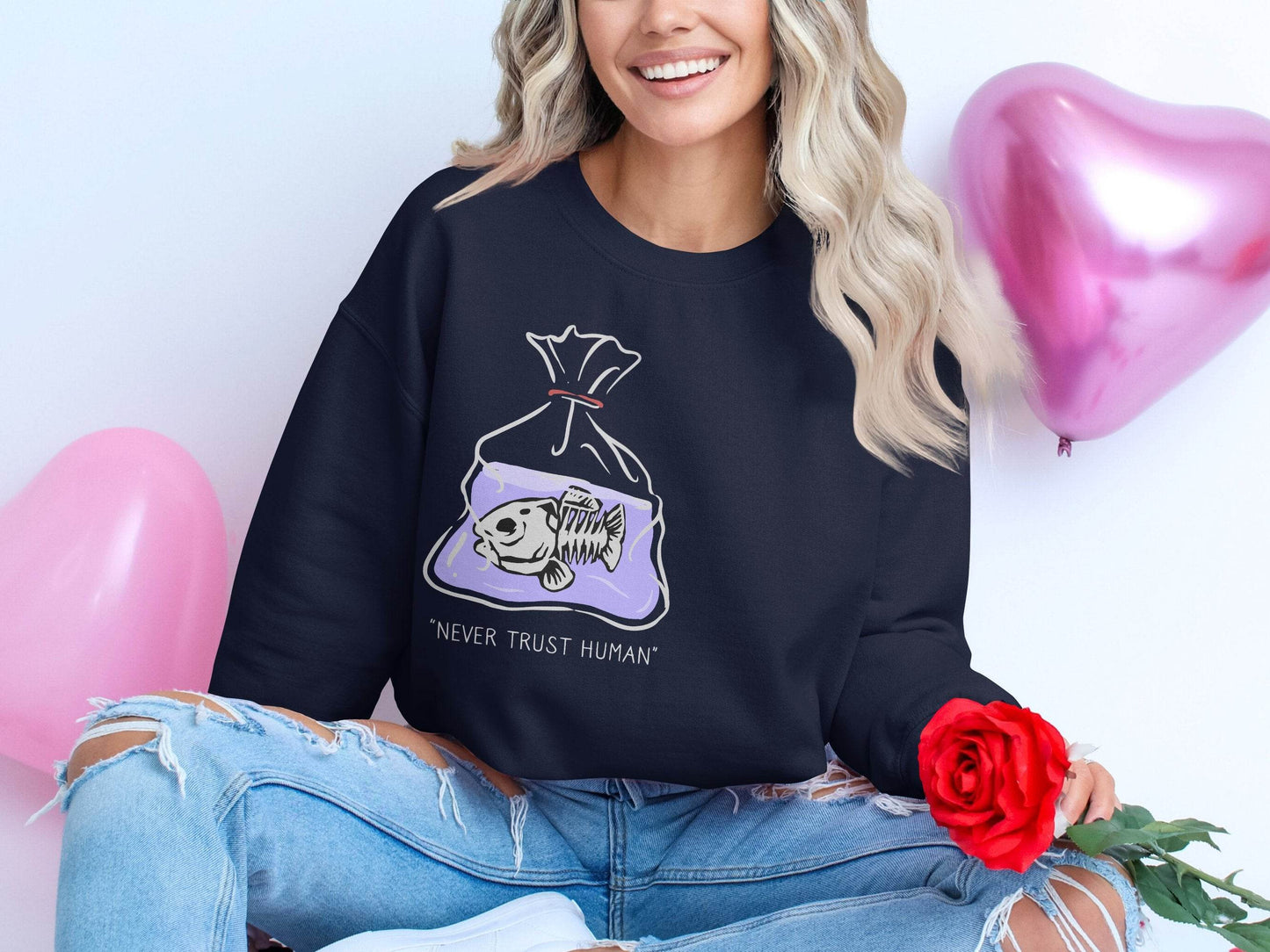 Never Trust Human Fish Skeleton Plastic Bag Design Sweater - Design & Vybe